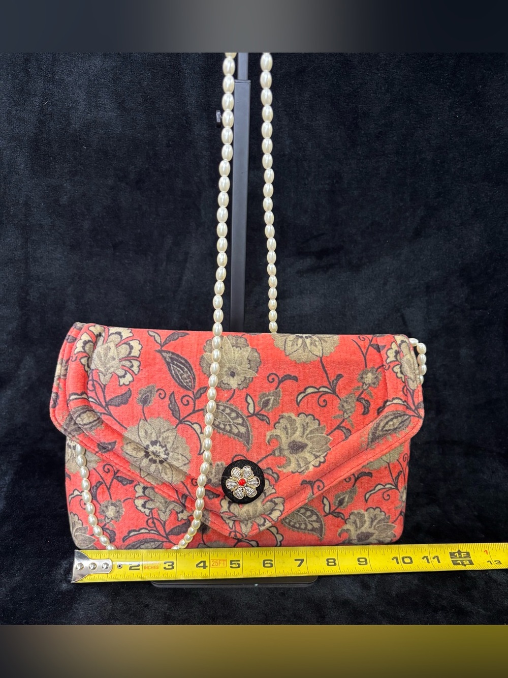 Anthropologie Coral Floral Velvet Envelope Clutch Pearl Strap Bag - Picture 3 of 16